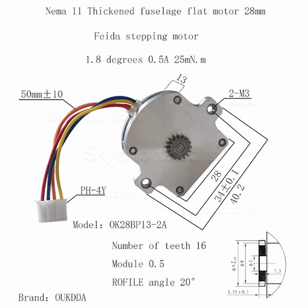 Nema 11 Flat Pancake Stepper Motor OK28BP13-2A with 2 Phase 1.8 Deg 2.5Ncm 4 Wires